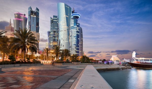 Doha City Center and Corniche street at sunset, Qatar